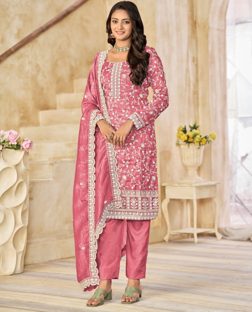 227-pink - Crush Straight Suit with Embroidered Work in Salmon